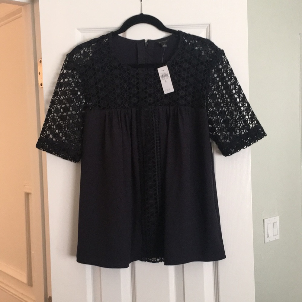 Ann Taylor Navy Lace Sleeve Blouse